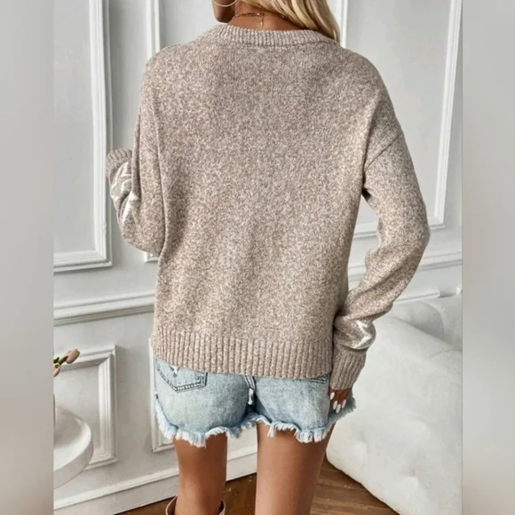 New Chic Star Pattern Knit Pullover Sweater Top Khaki Tan White - Picture 5 of 8